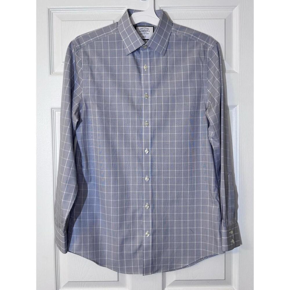 Charles Tyrwhitt Men's Shirt 16.5 Grey Plaid Dress Fit Non-Iron, Sz 15/33